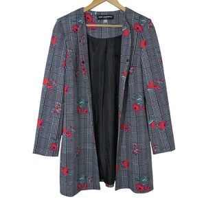 Karl Lagerfeld Blazer Plaid Floral Print Open‎ Front Paris Career Work Black